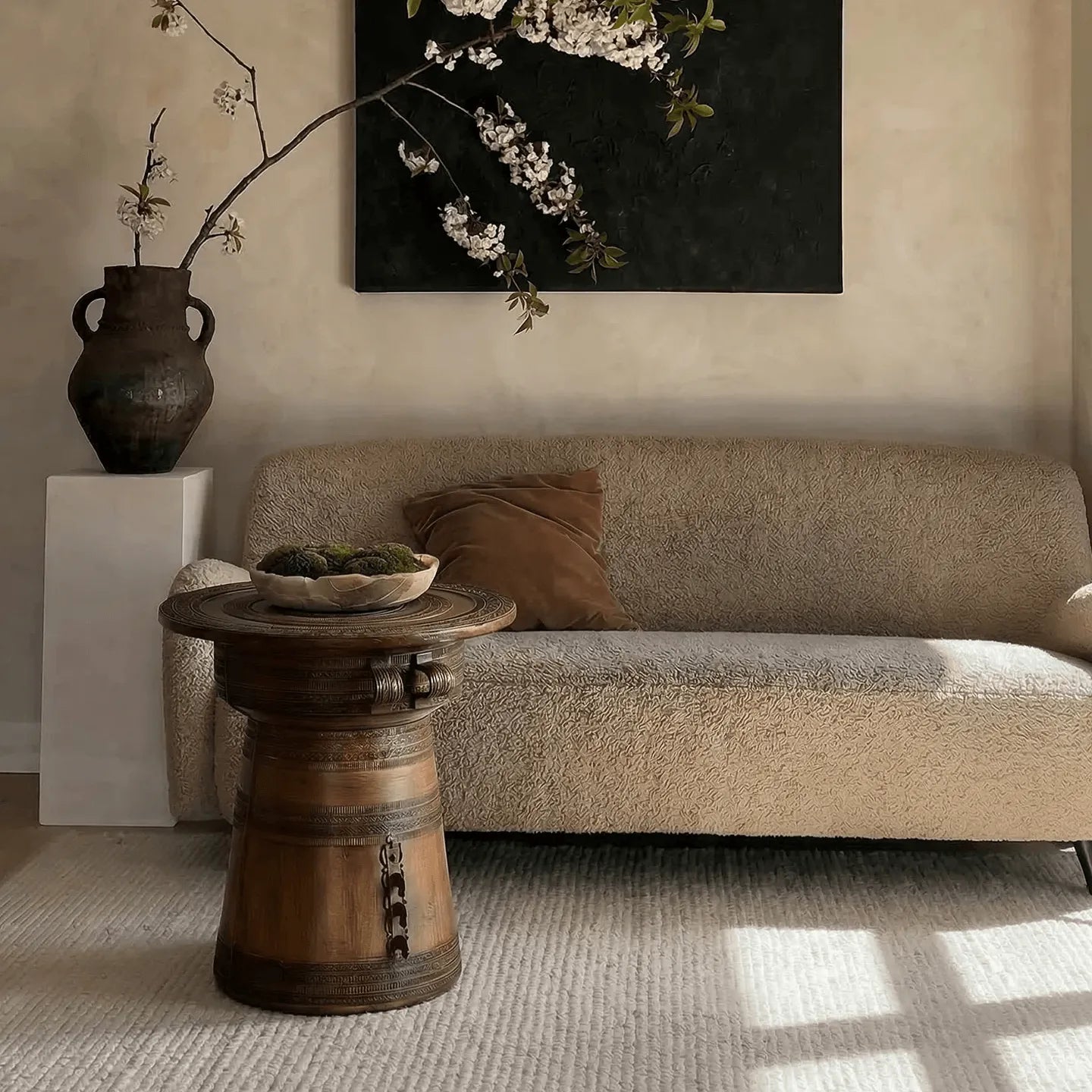 Sculptural Solid Wood Drum Side Table with Carved Vintage Detail