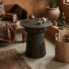 Sculptural Solid Wood Drum Side Table with Carved Vintage Detail