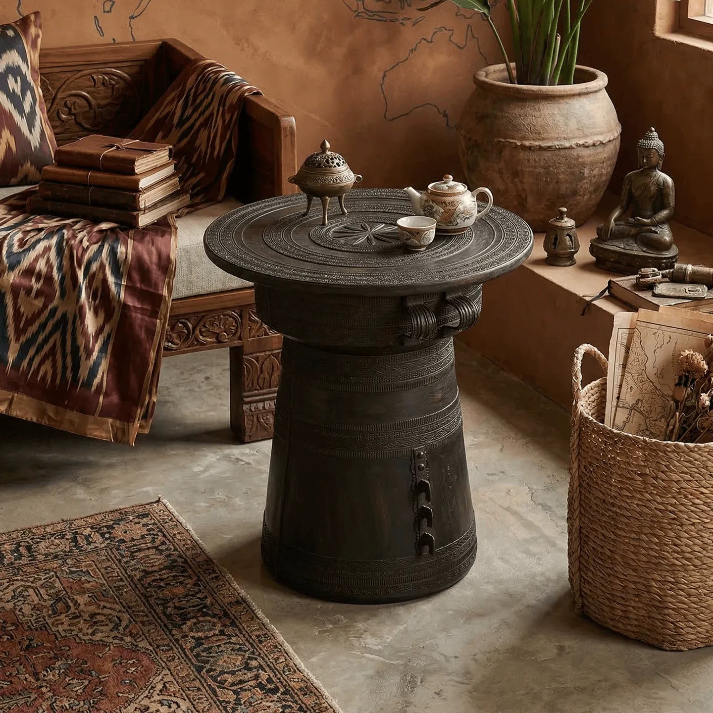 Sculptural Solid Wood Drum Side Table with Carved Vintage Detail