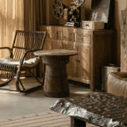 Sculptural Solid Wood Drum Side Table with Carved Vintage Detail