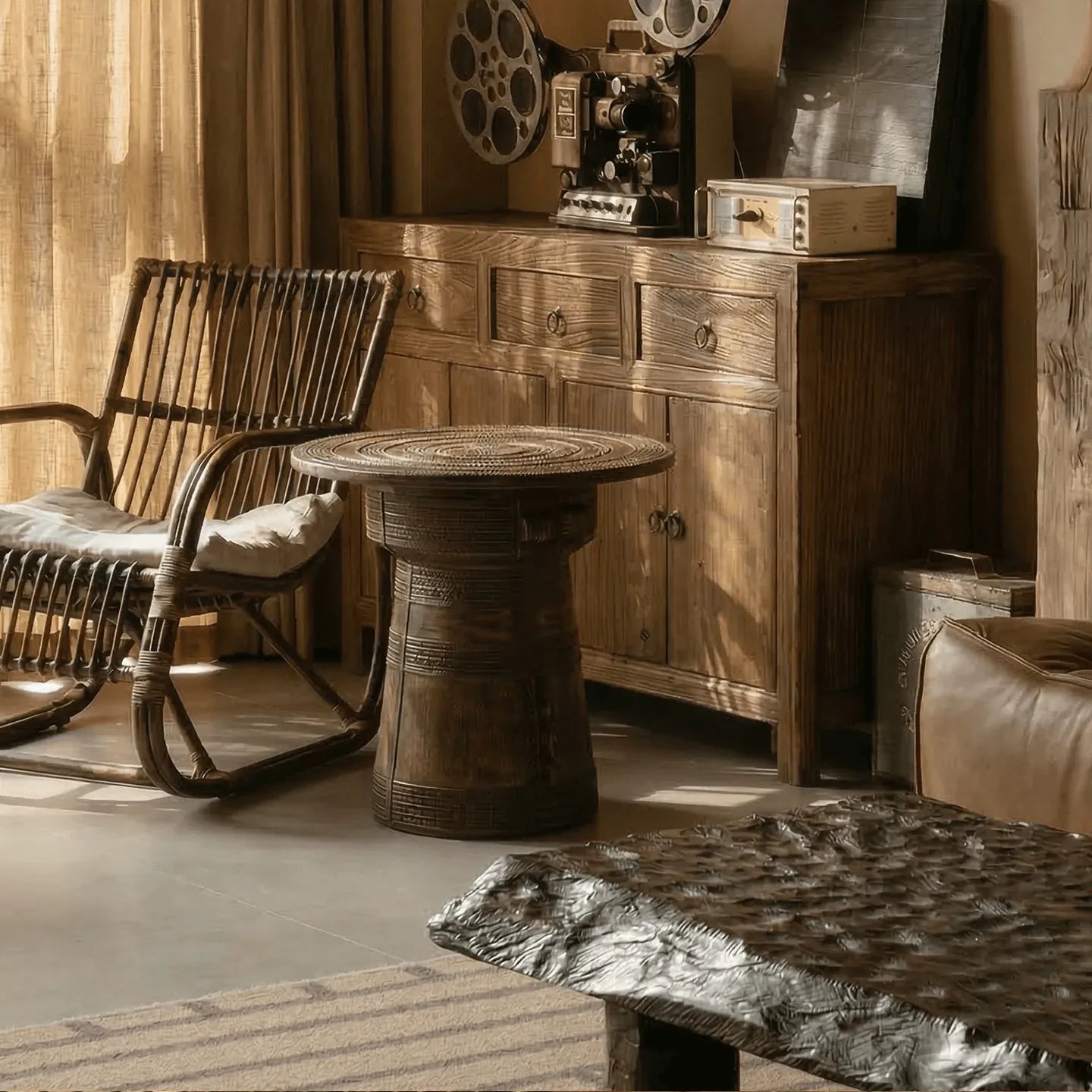 Sculptural Solid Wood Drum Side Table with Carved Vintage Detail