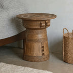 Sculptural Solid Wood Drum Side Table with Carved Vintage Detail