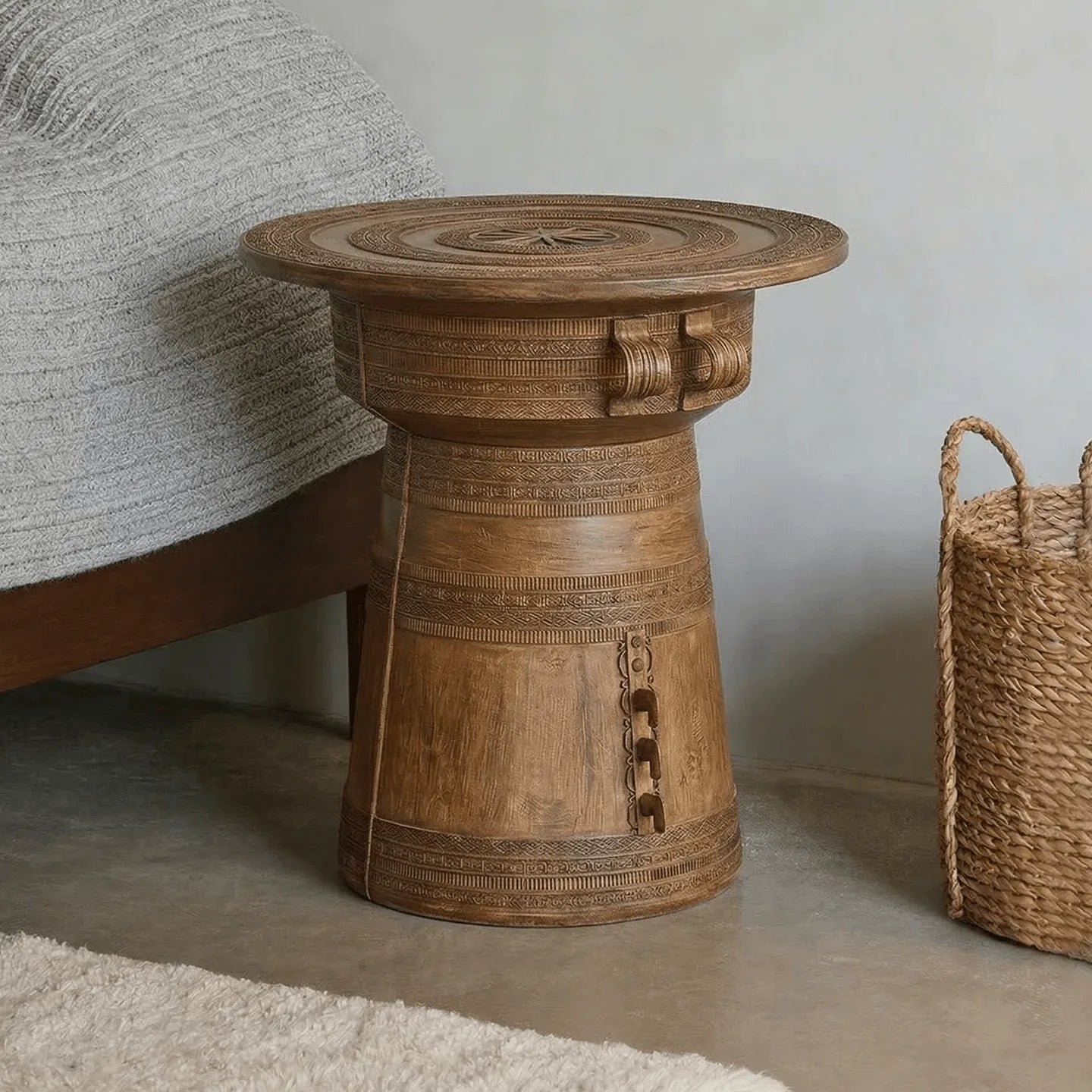 Sculptural Solid Wood Drum Side Table with Carved Vintage Detail