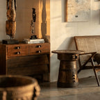 Sculptural Solid Wood Drum Side Table with Carved Vintage Detail