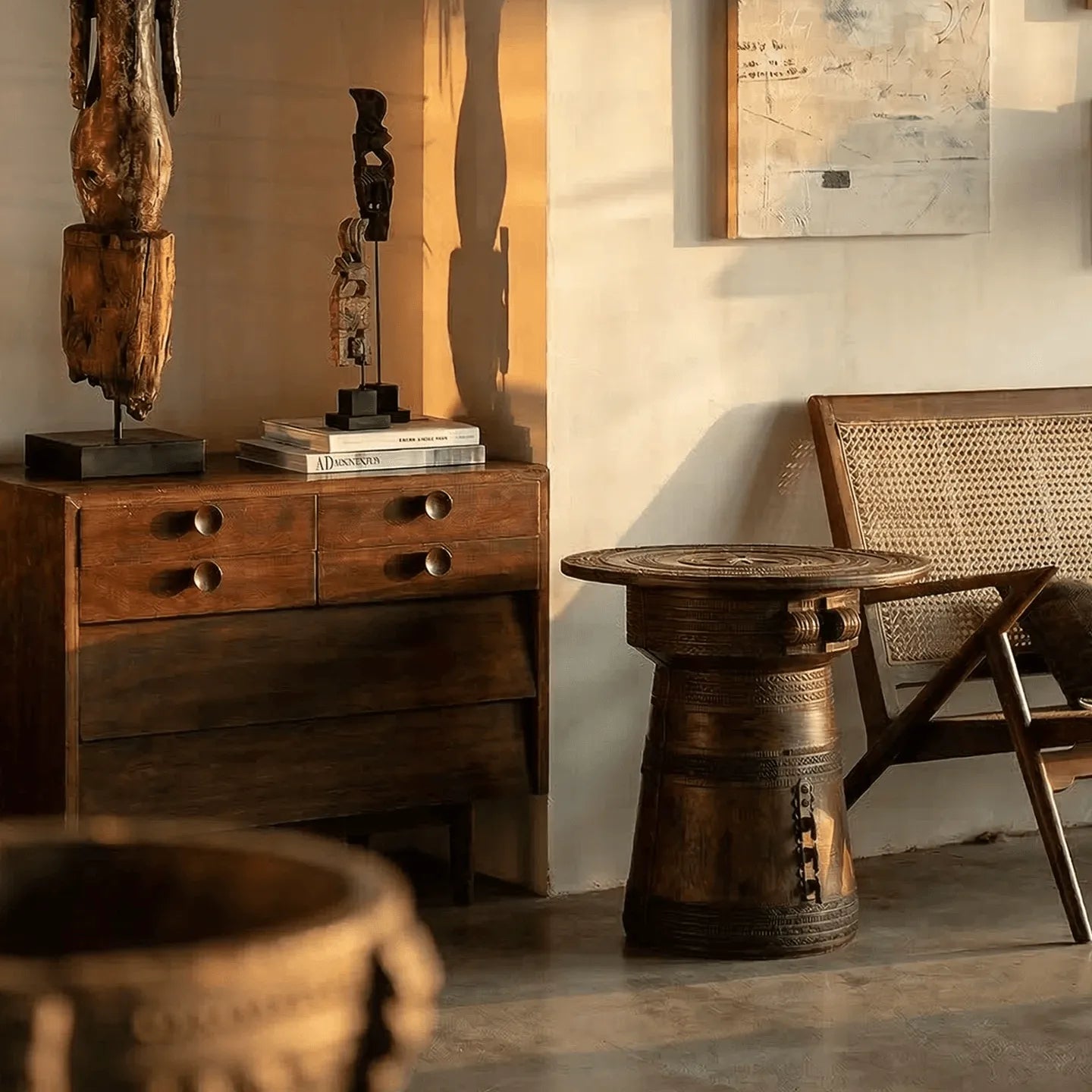 Sculptural Solid Wood Drum Side Table with Carved Vintage Detail