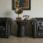 Sculptural Solid Wood Drum Side Table with Carved Vintage Detail