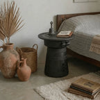 Sculptural Solid Wood Drum Side Table with Carved Vintage Detail