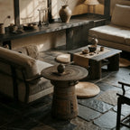 Sculptural Solid Wood Drum Side Table with Carved Vintage Detail
