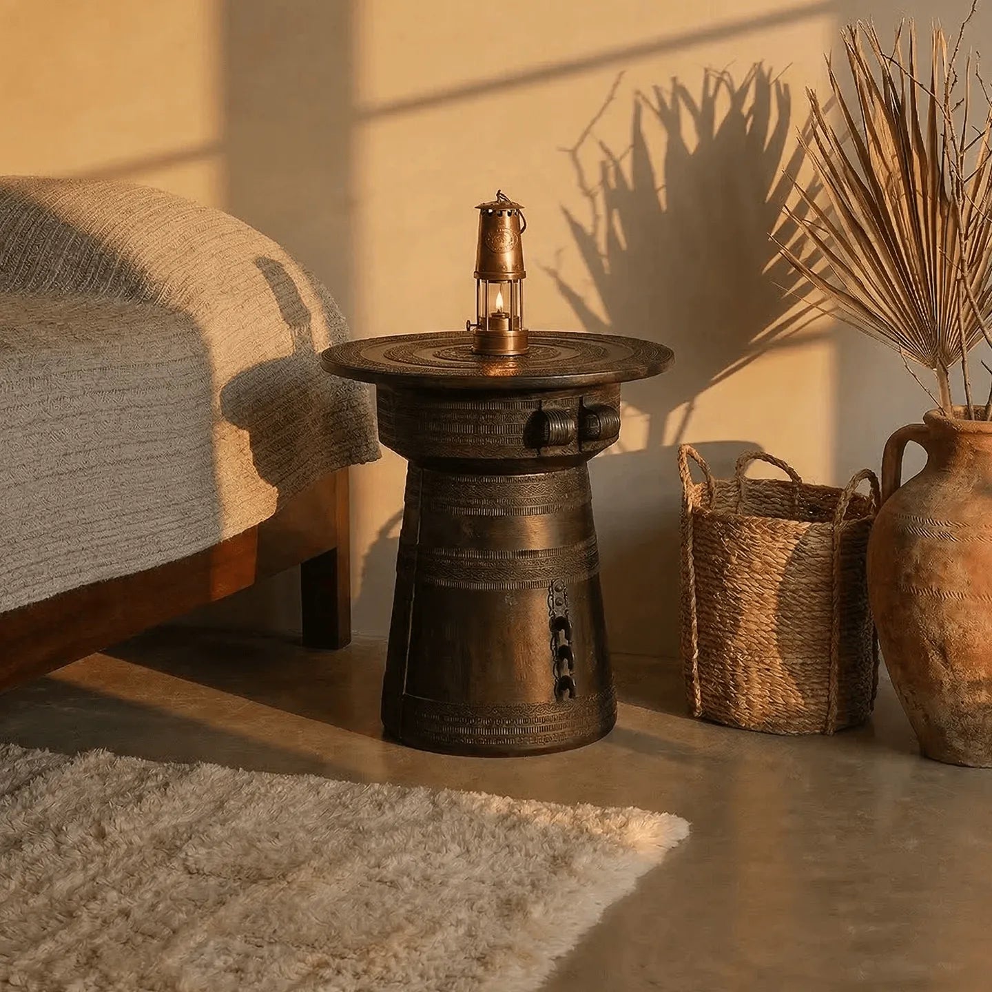 Sculptural Solid Wood Drum Side Table with Carved Vintage Detail