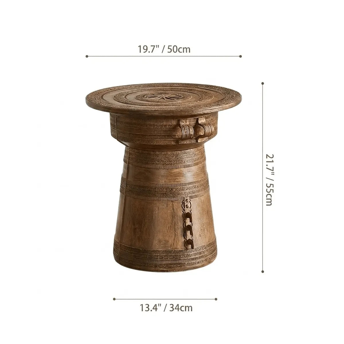 Sculptural Solid Wood Drum Side Table with Carved Vintage Detail