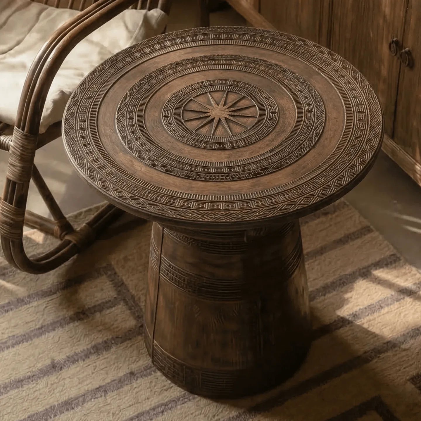 Sculptural Solid Wood Drum Side Table with Carved Vintage Detail