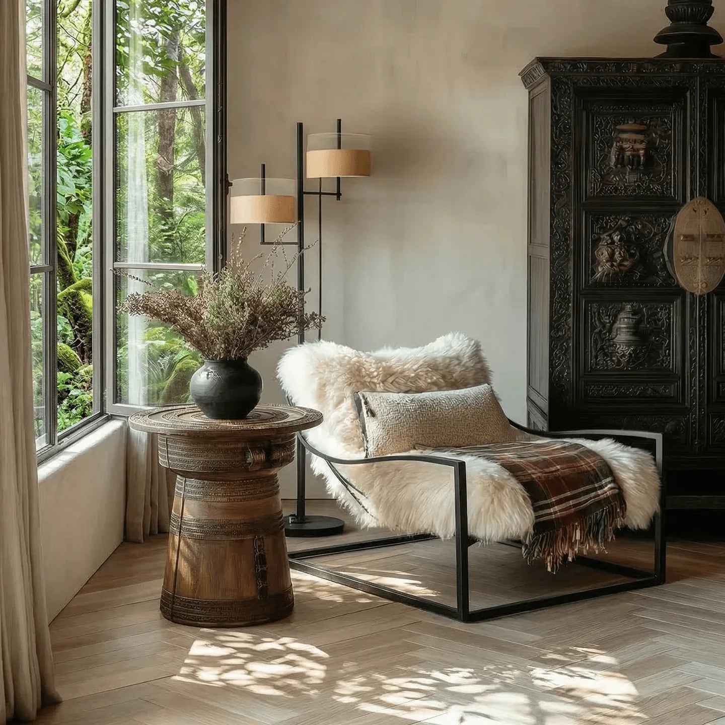 Sculptural Solid Wood Drum Side Table with Carved Vintage Detail