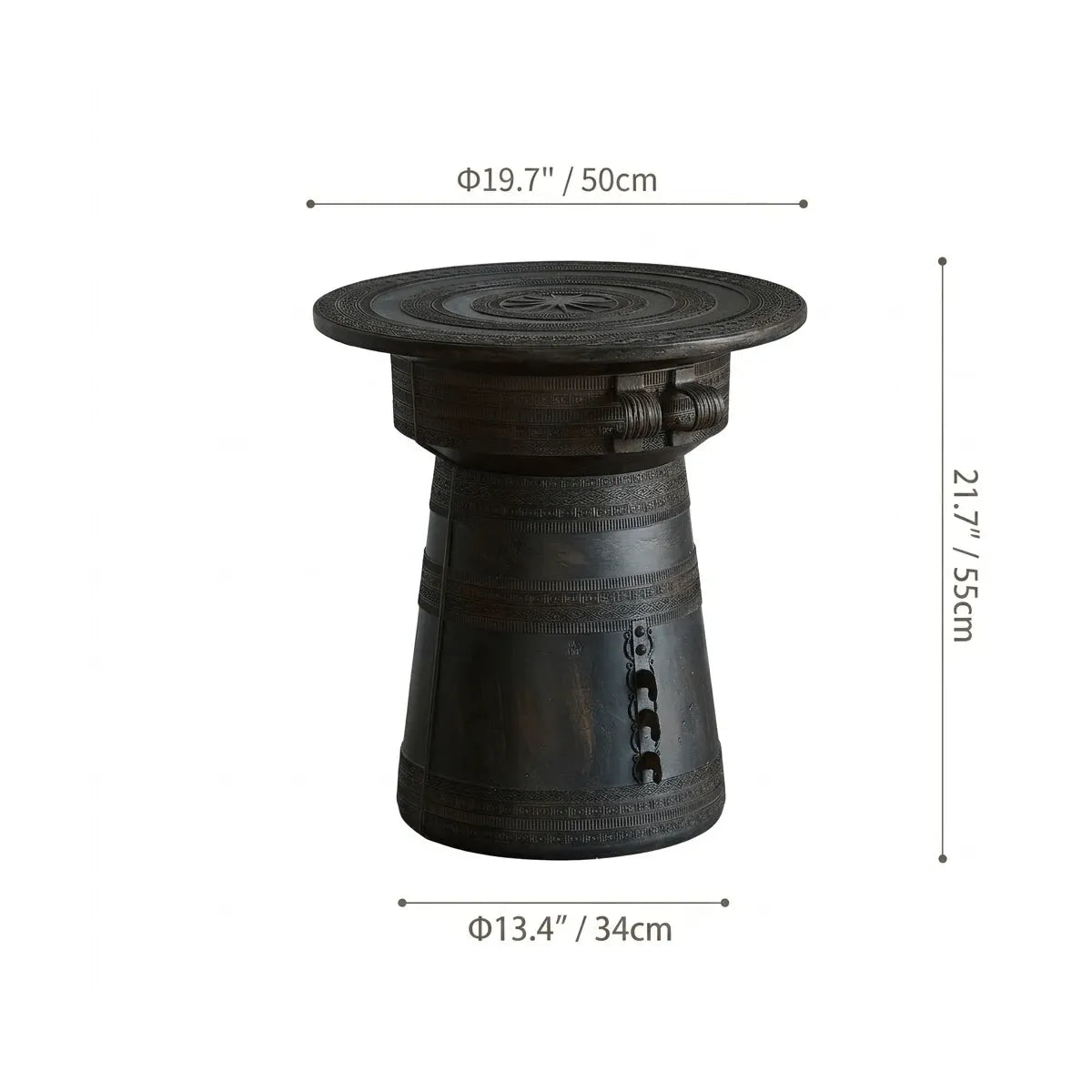 Sculptural Solid Wood Drum Side Table with Carved Vintage Detail Dimensions