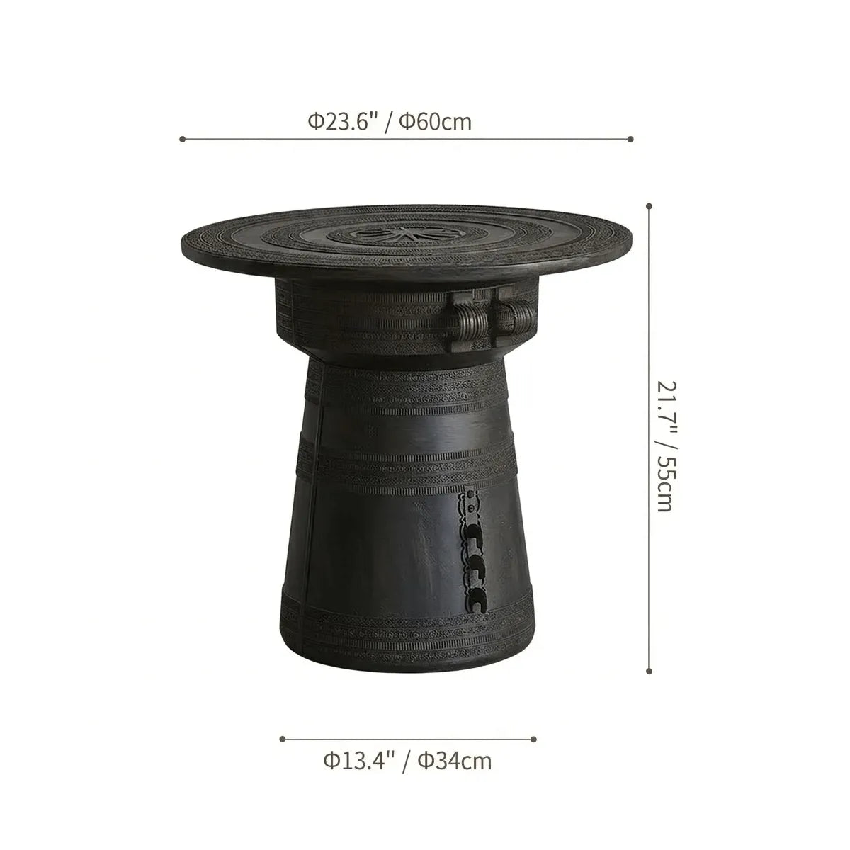 Sculptural Solid Wood Drum Side Table with Carved Vintage Detail Dimensions