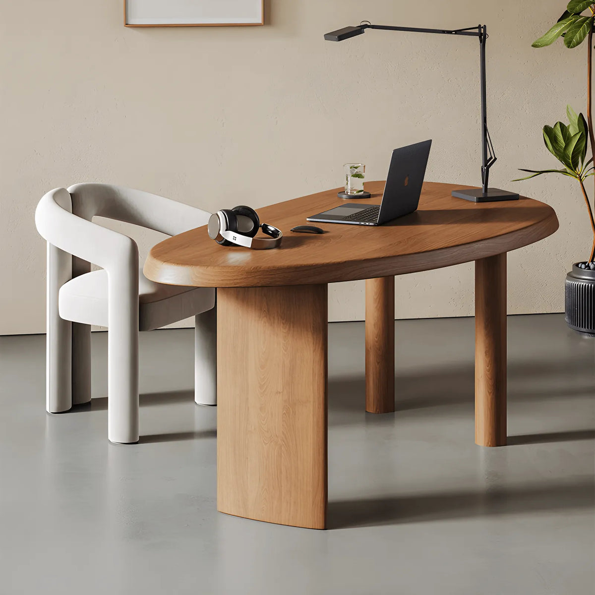 Sculptural Solid Wood Office Desk with Curved Mango Top and Thick Slab Base