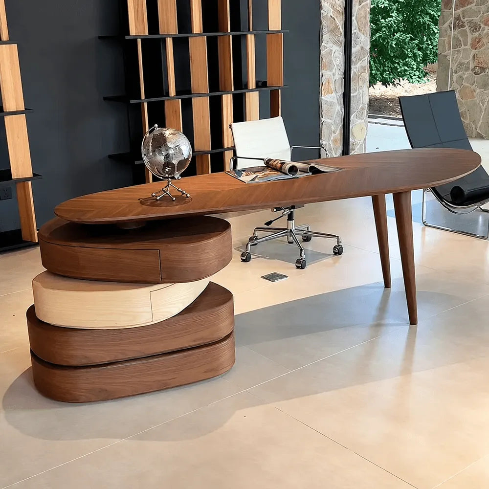 Sculptural Solid Wood Office Desk with Rotating Tiered Base
