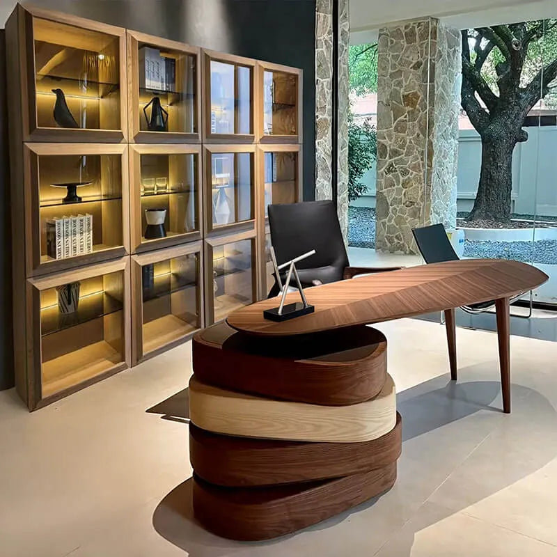 Sculptural Solid Wood Office Desk with Rotating Tiered Base