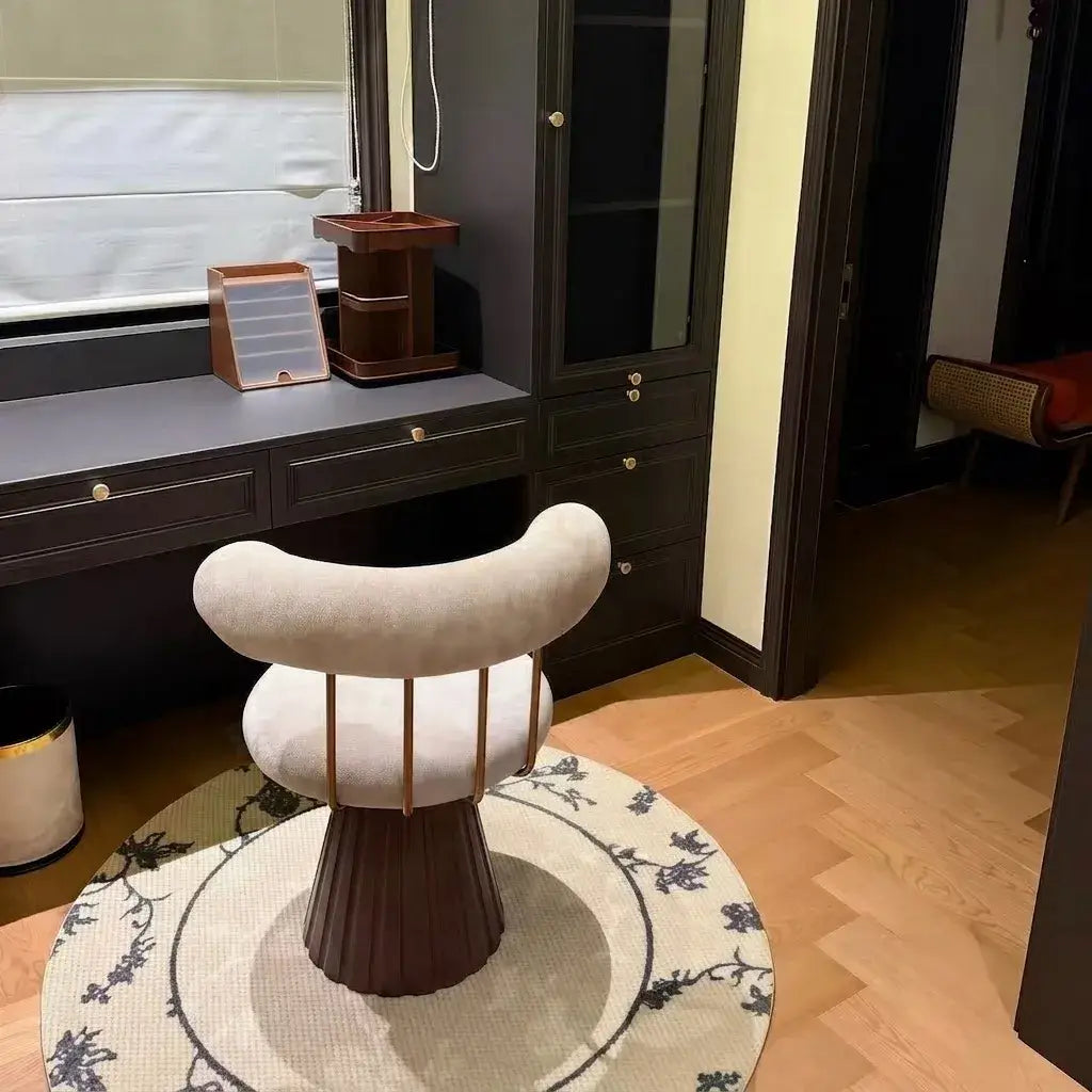 Sculptural Solid Wood Vanity Stool With Bolster Back and Swivel Seat Secondary image