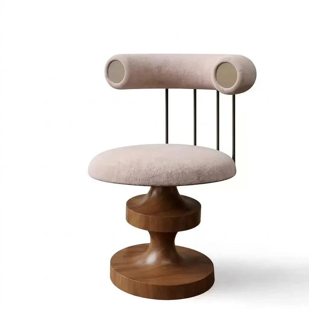 Sculptural Solid Wood Vanity Stool With Bolster Back and Swivel Seat
