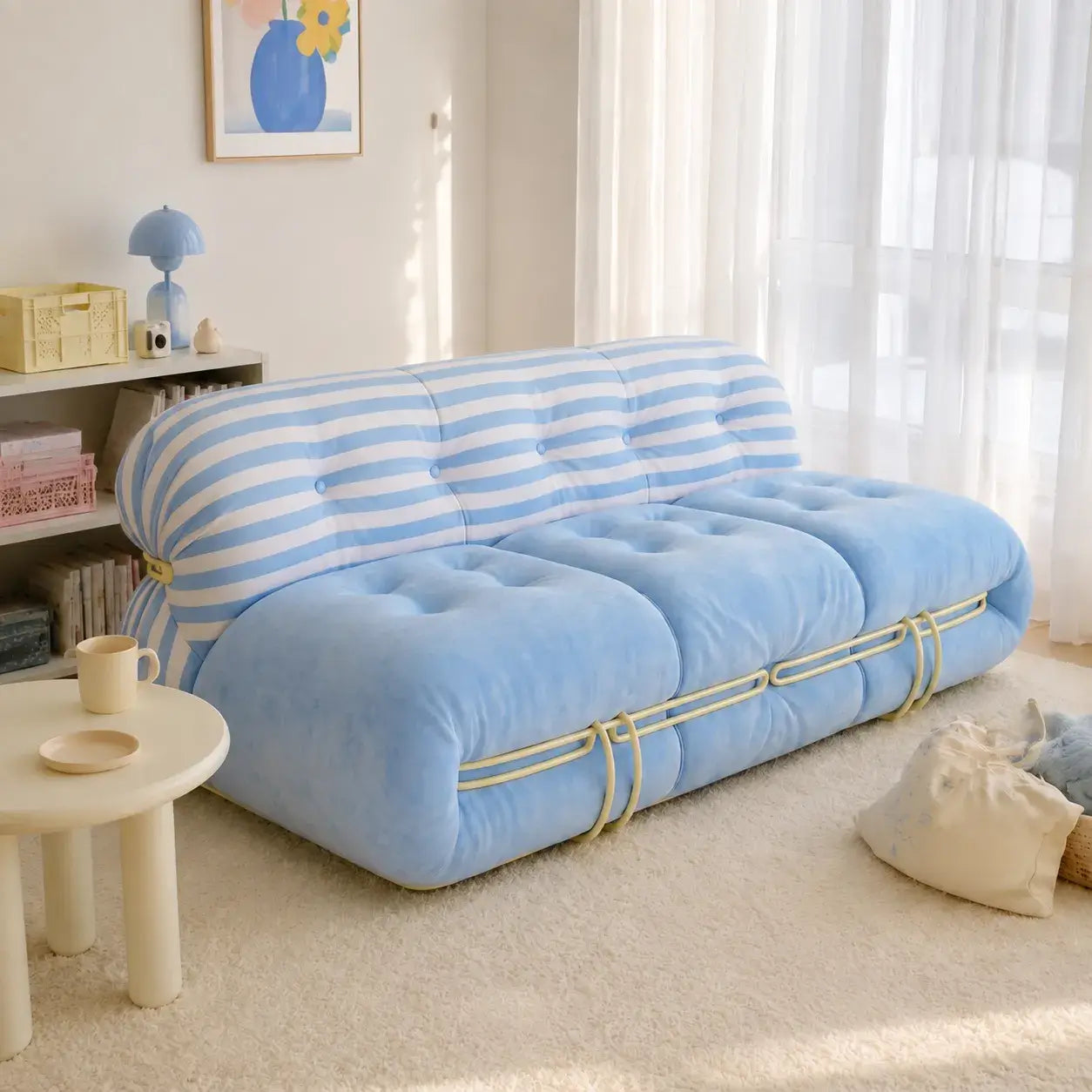 Sculptural Soriana Lounge Sofa Series in Matte Velvet, Striped Back and Tufted Seat