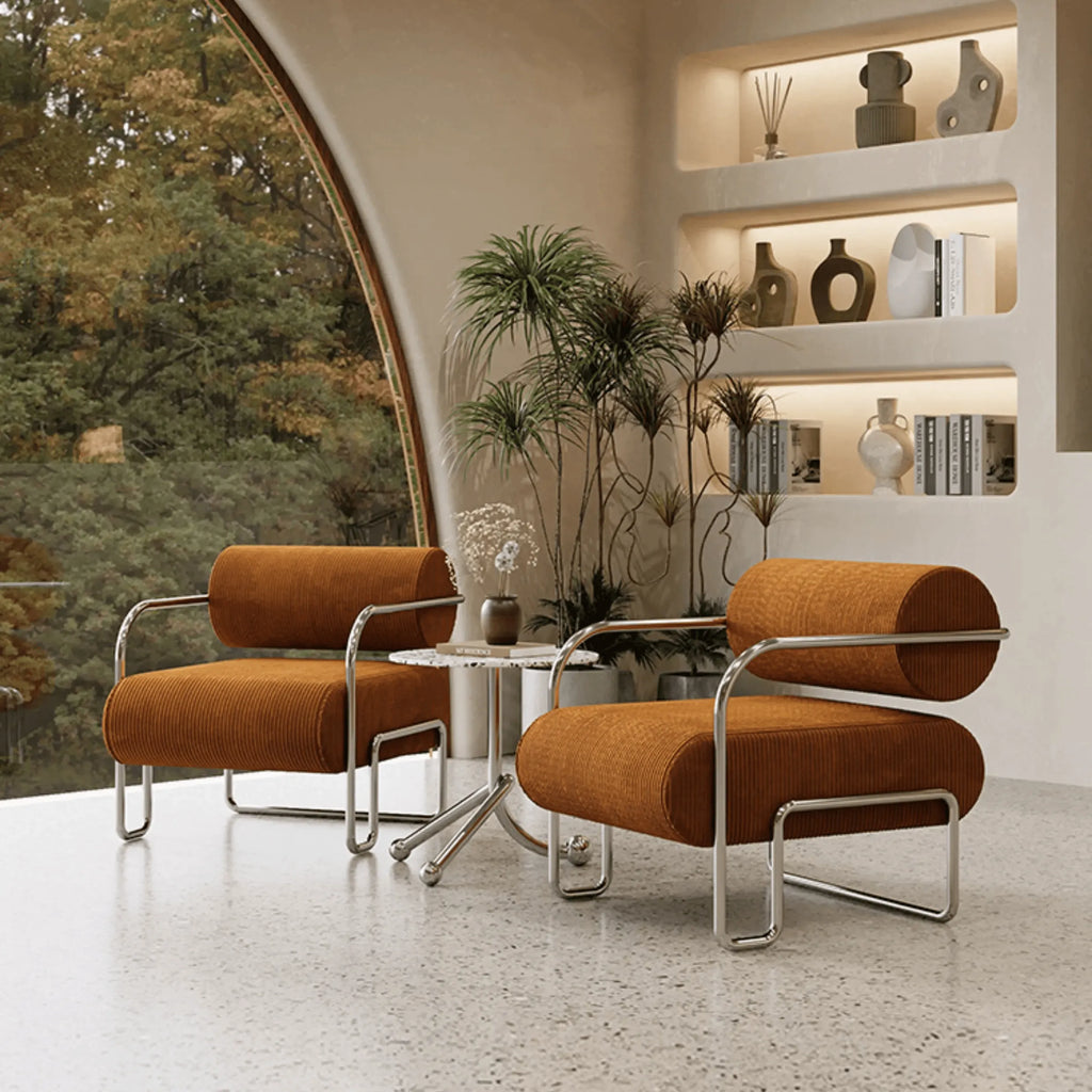Sculptural Stainless Steel Chairs with Corduroy Upholstery in Retro Hues