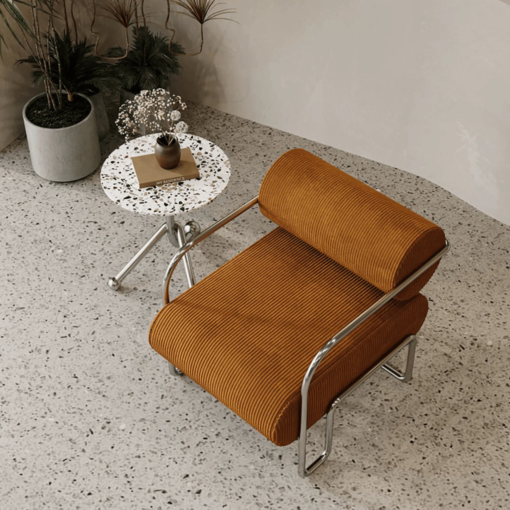 Sculptural Stainless Steel Chairs with Corduroy Upholstery in Retro Hues