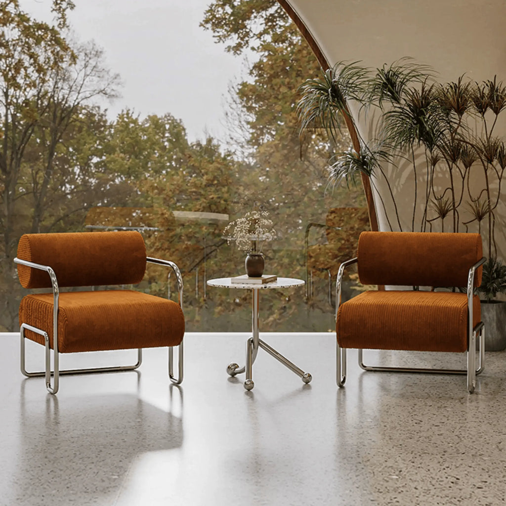 Sculptural Stainless Steel Chairs with Corduroy Upholstery in Retro Hues Main Product Image