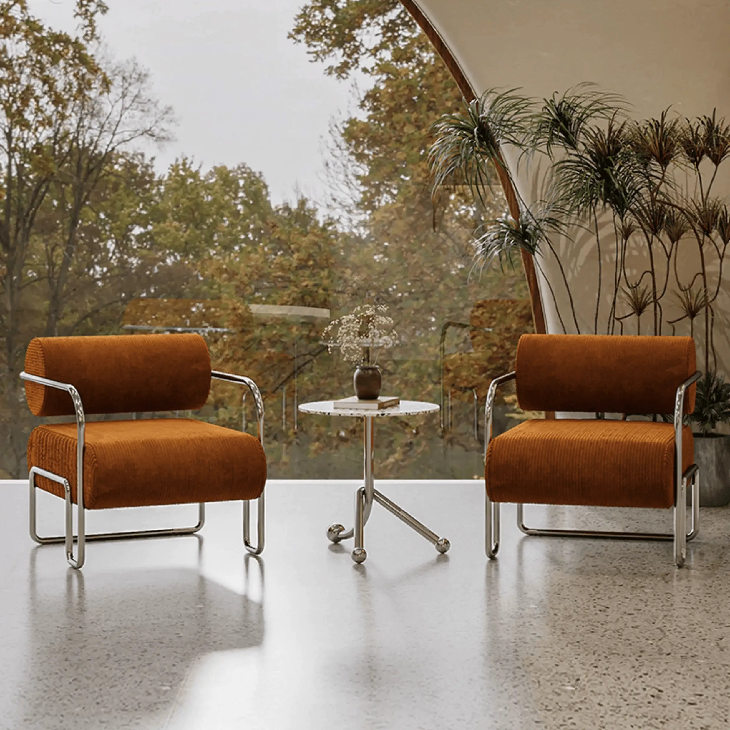 Sculptural Stainless Steel Chairs with Corduroy Upholstery in Retro Hues Main Product Image Imagen principal del producto
