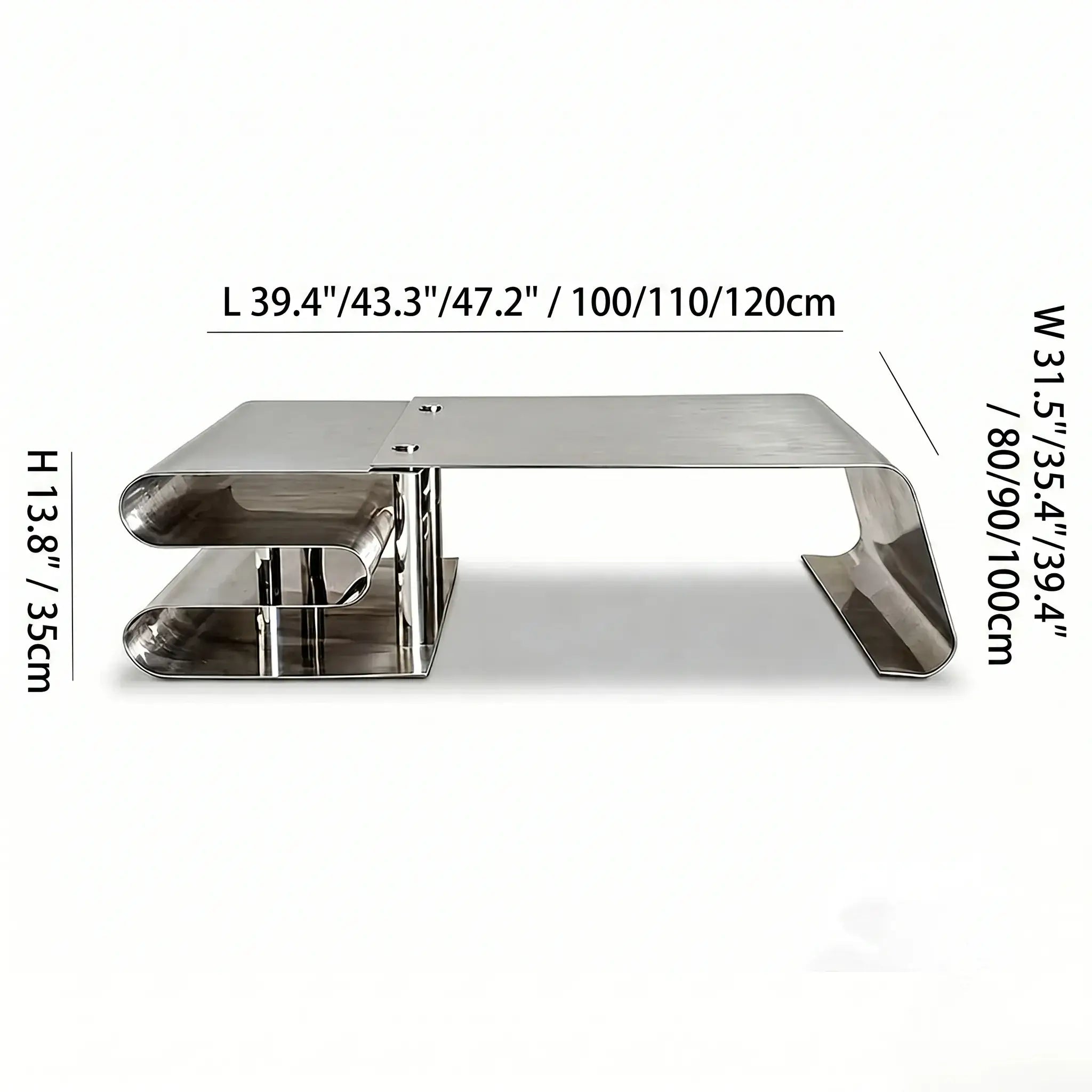 Sculptural Stainless Steel Coffee Table Set with Modular Storage & Cable Management Dimensions