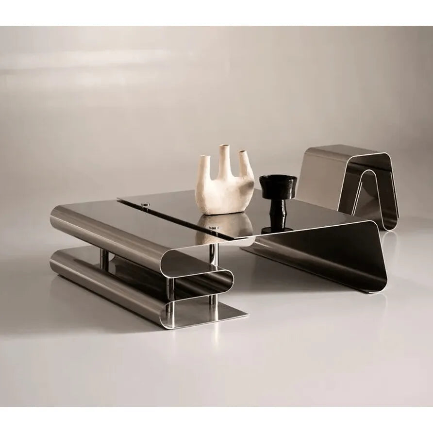Sculptural Stainless Steel Coffee Table Set with Modular Storage & Cable Management