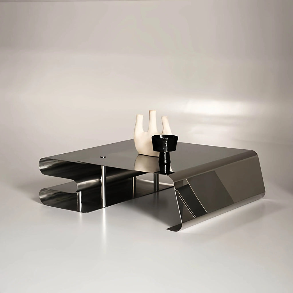 Sculptural Stainless Steel Coffee Table Set with Modular Storage & Cable Management