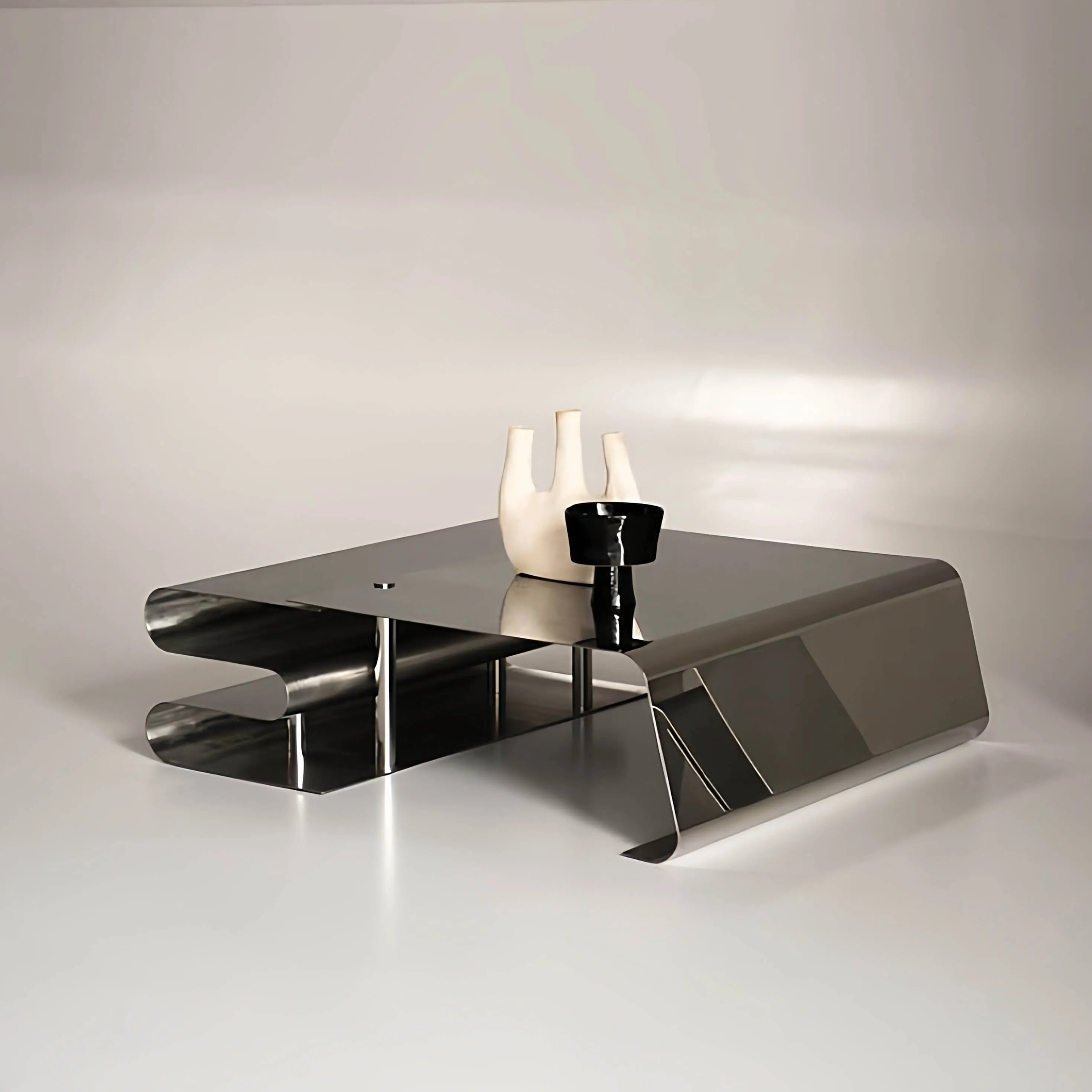Sculptural Stainless Steel Coffee Table Set with Modular Storage & Cable Management