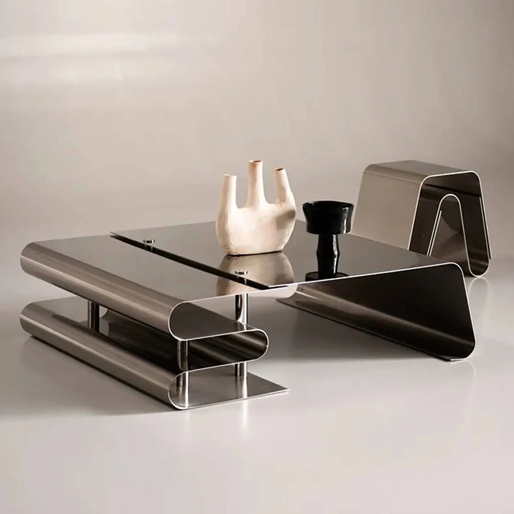 Sculptural Stainless Steel Coffee Table Set with Modular Storage & Cable Management Main Product Image