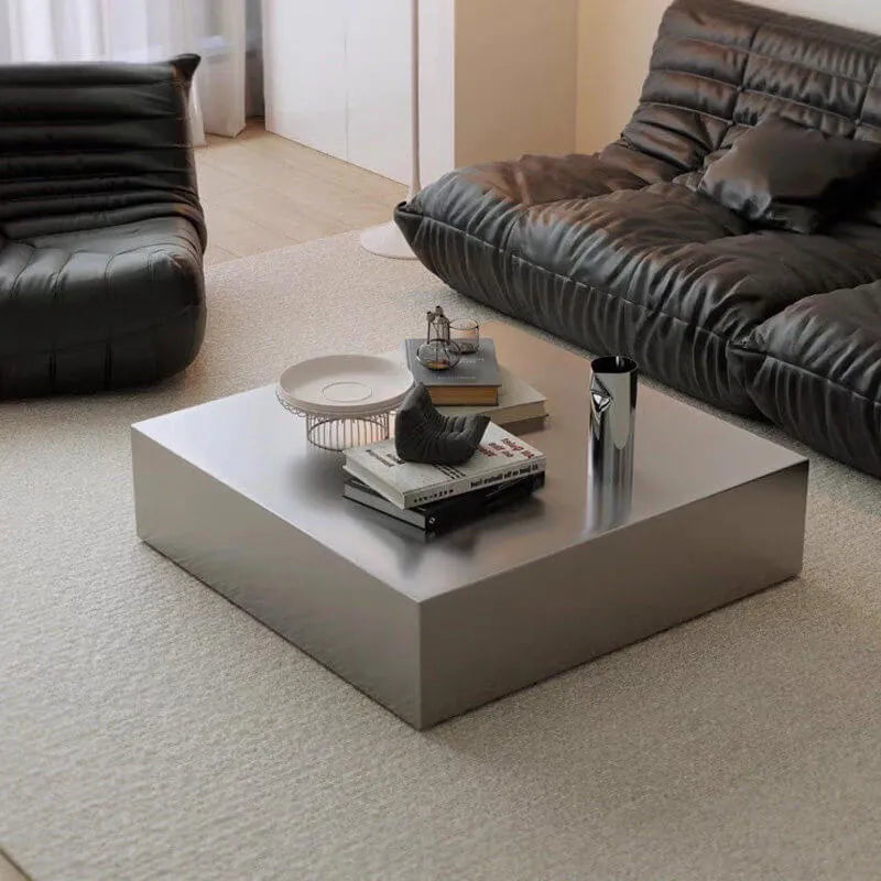 Sculptural Stainless Steel Coffee Table with Hidden Drawer & Floating Base