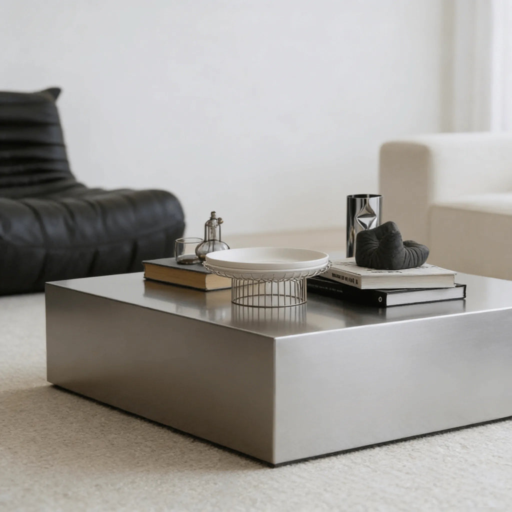 Sculptural Stainless Steel Coffee Table with Hidden Drawer & Floating Base