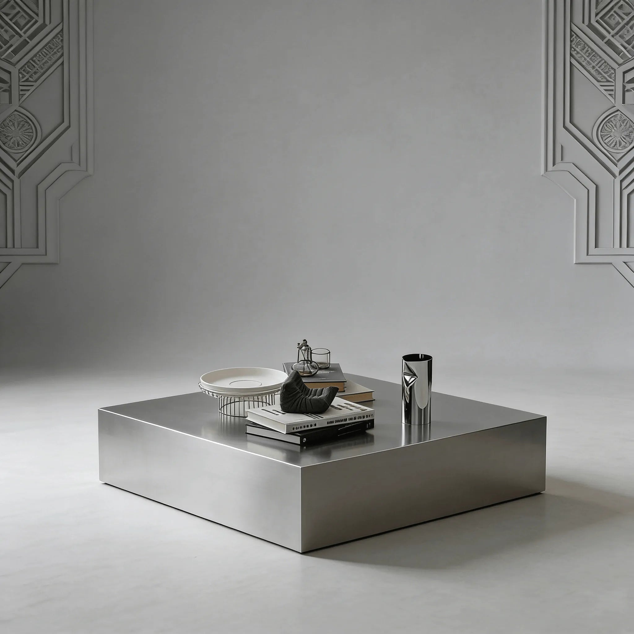 Sculptural Stainless Steel Coffee Table with Hidden Drawer & Floating Base