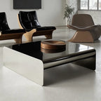 Sculptural Stainless Steel Coffee Table with Hidden Drawer & Floating Base