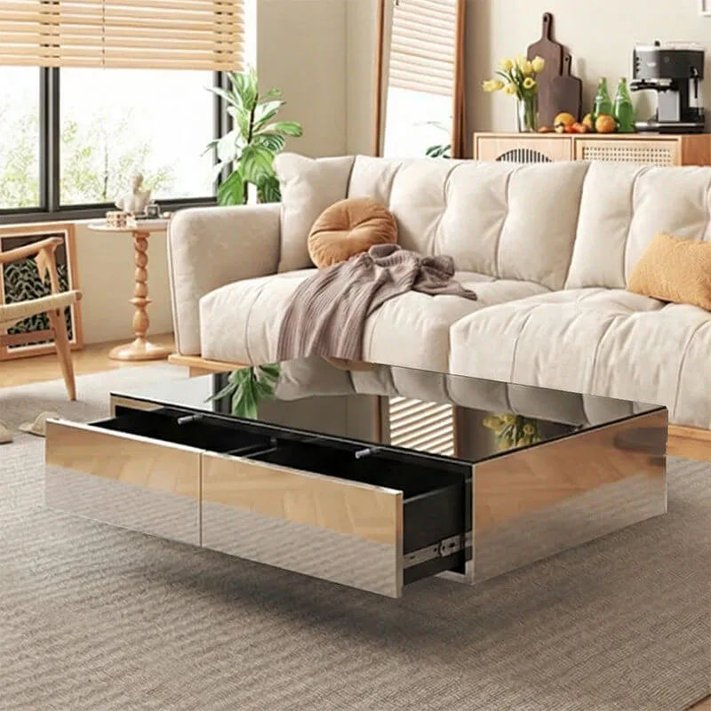 Sculptural Stainless Steel Coffee Table with Hidden Drawer & Floating Base