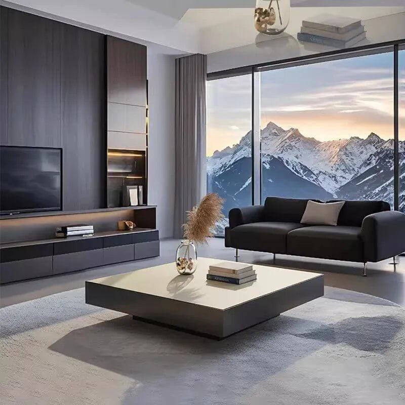 Sculptural Stainless Steel Coffee Table with Hidden Drawer & Floating Base