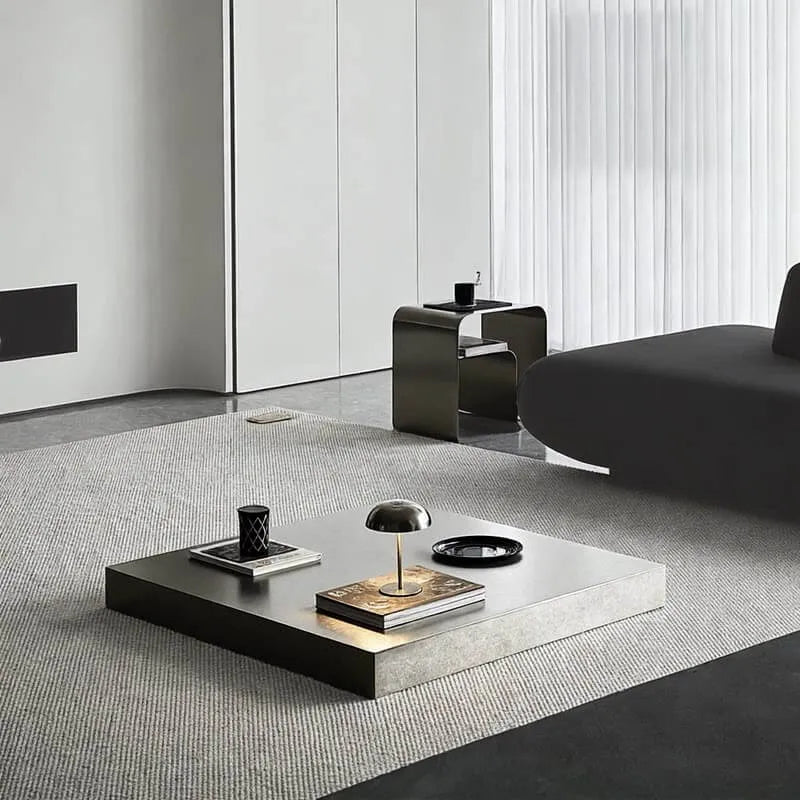 Sculptural Stainless Steel Coffee Table with Hidden Drawer & Floating Base