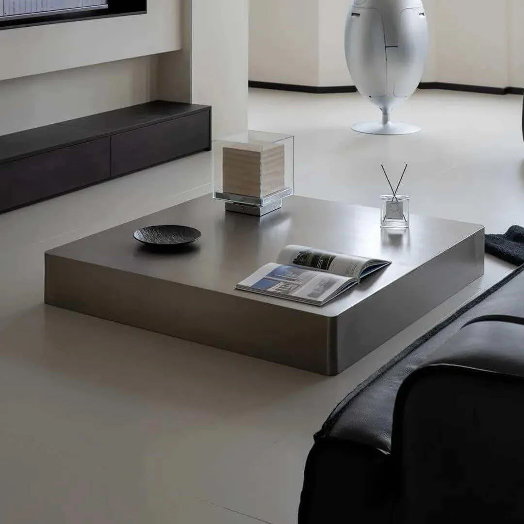 Sculptural Stainless Steel Coffee Table with Hidden Drawer & Floating Base