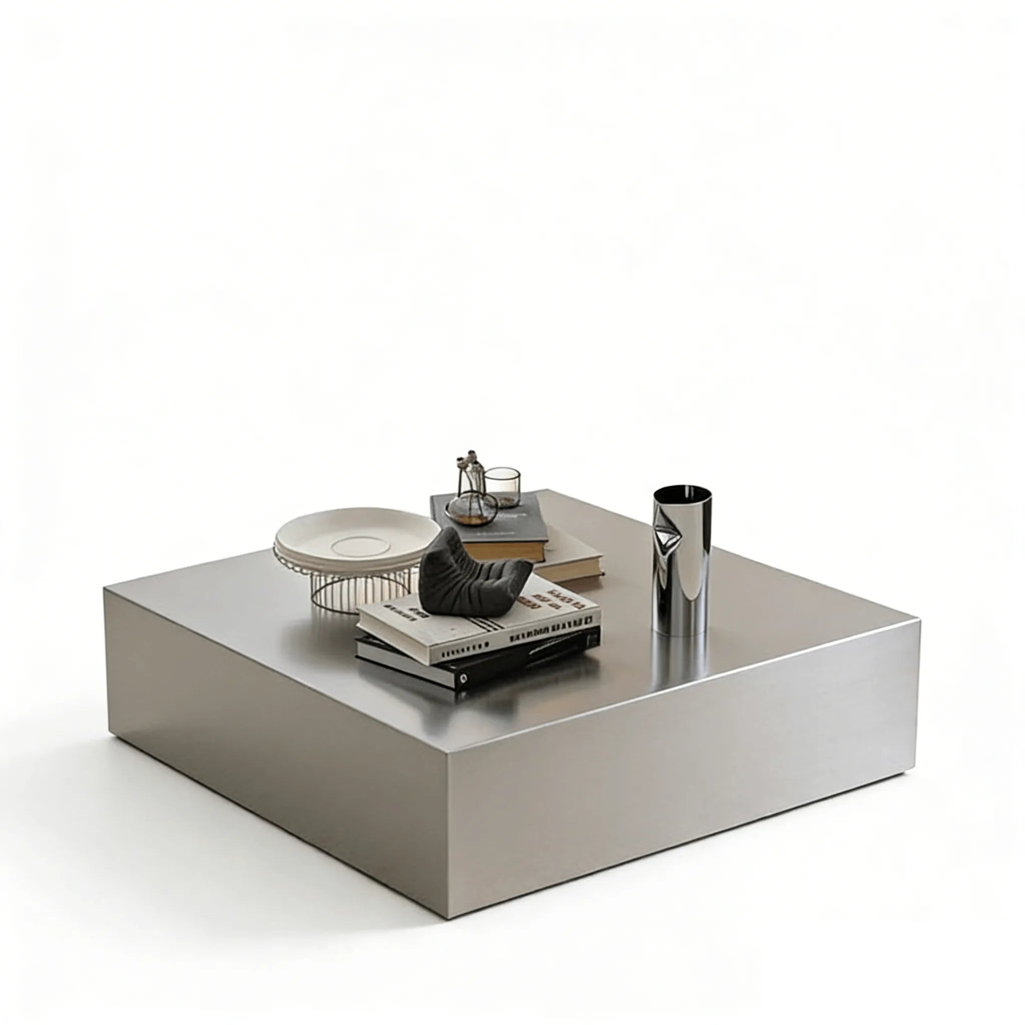 Sculptural Stainless Steel Coffee Table with Hidden Drawer & Floating Base
