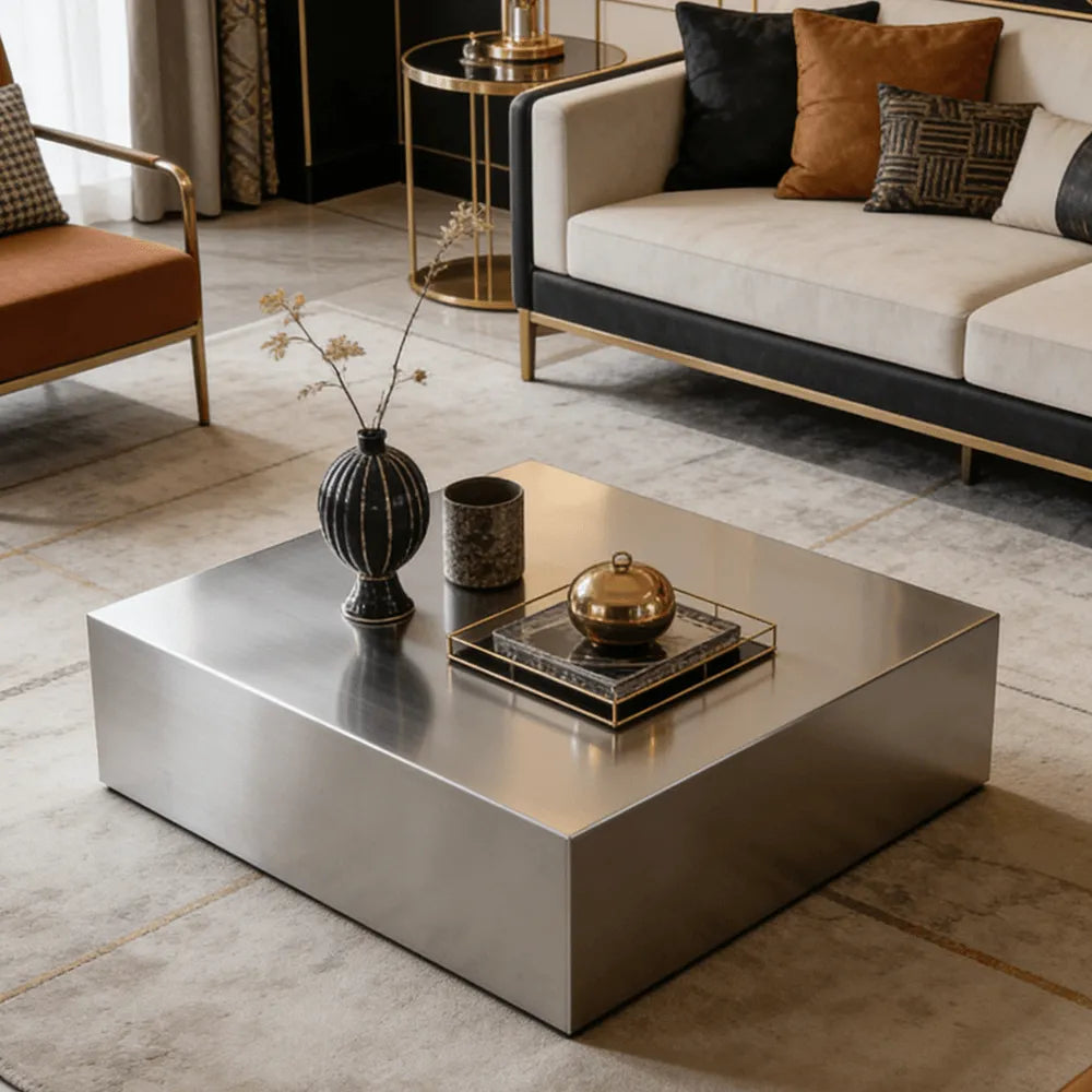 Sculptural Stainless Steel Coffee Table with Hidden Drawer & Floating Base Main Product Image Main image