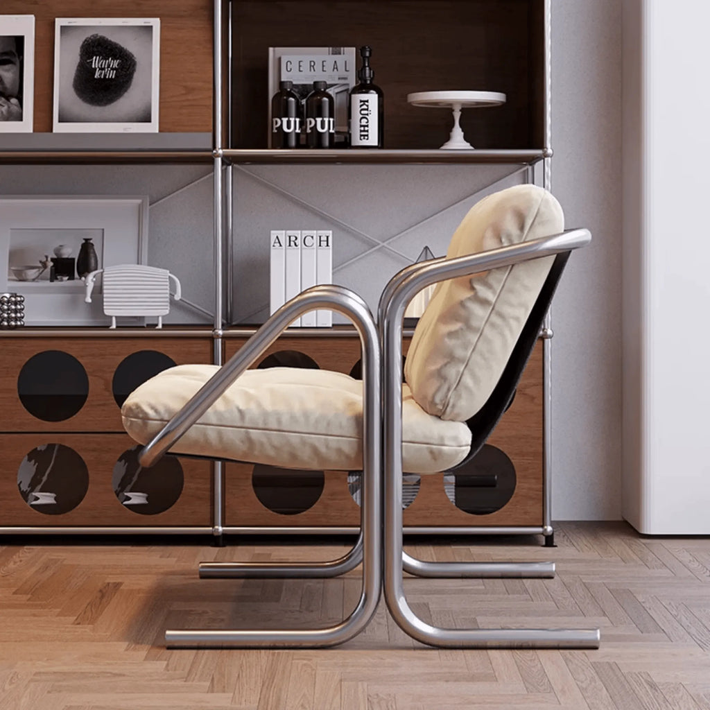 Sculptural Stainless Steel Lounge Chair with Button-Tufted Suede Upholstery