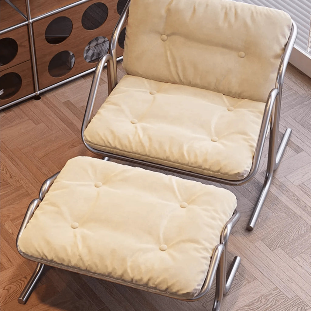 Sculptural Stainless Steel Lounge Chair with Button-Tufted Suede Upholstery