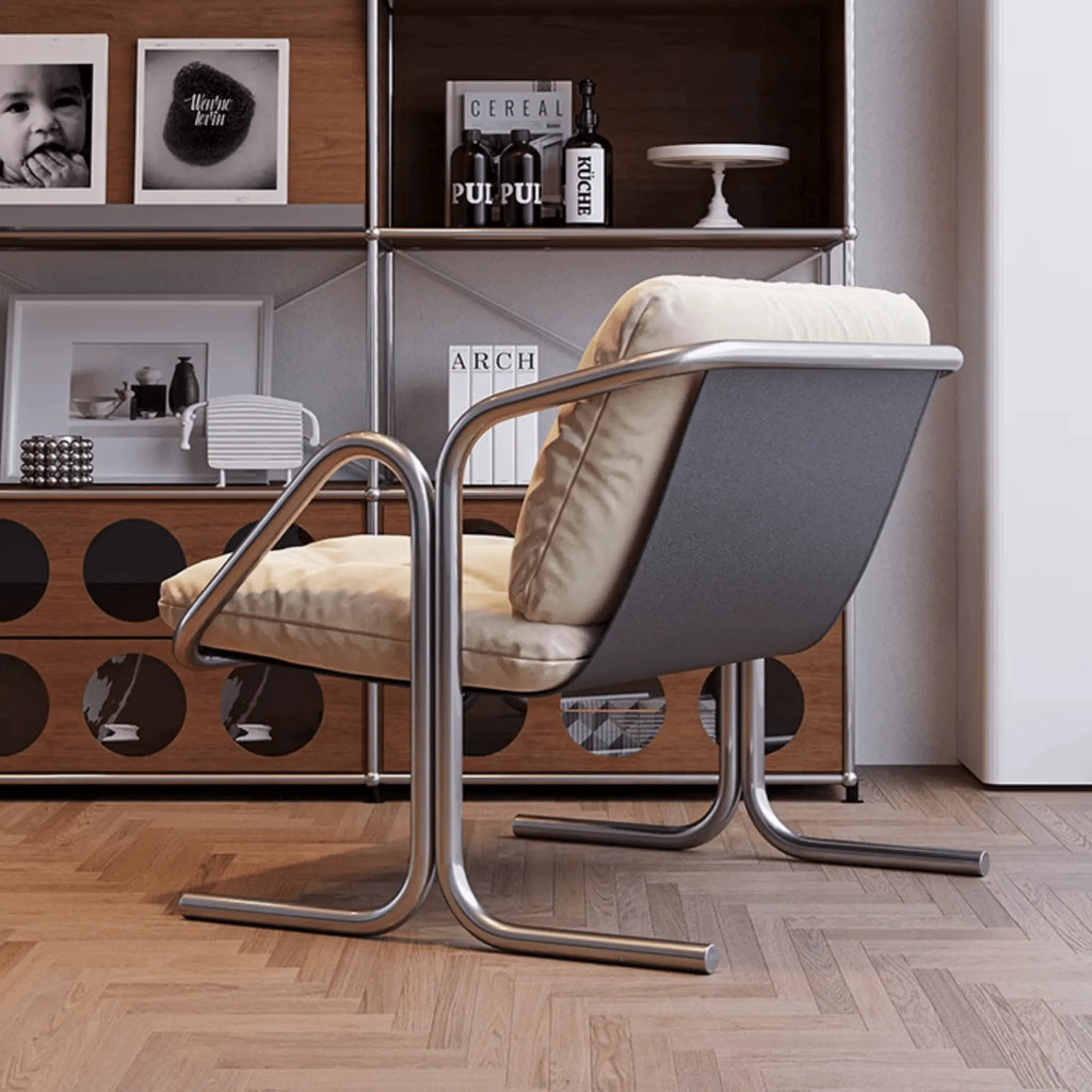 Sculptural Stainless Steel Lounge Chair with Button-Tufted Suede Upholstery