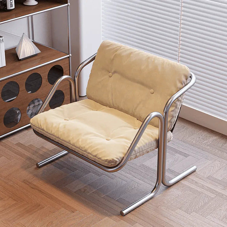 Sculptural Stainless Steel Lounge Chair with Button-Tufted Suede Upholstery