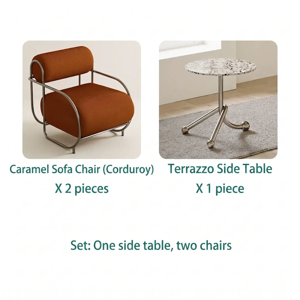 Sculptural Stainless Steel Lounge Chair with Textured Fabric & Rounded Armrests