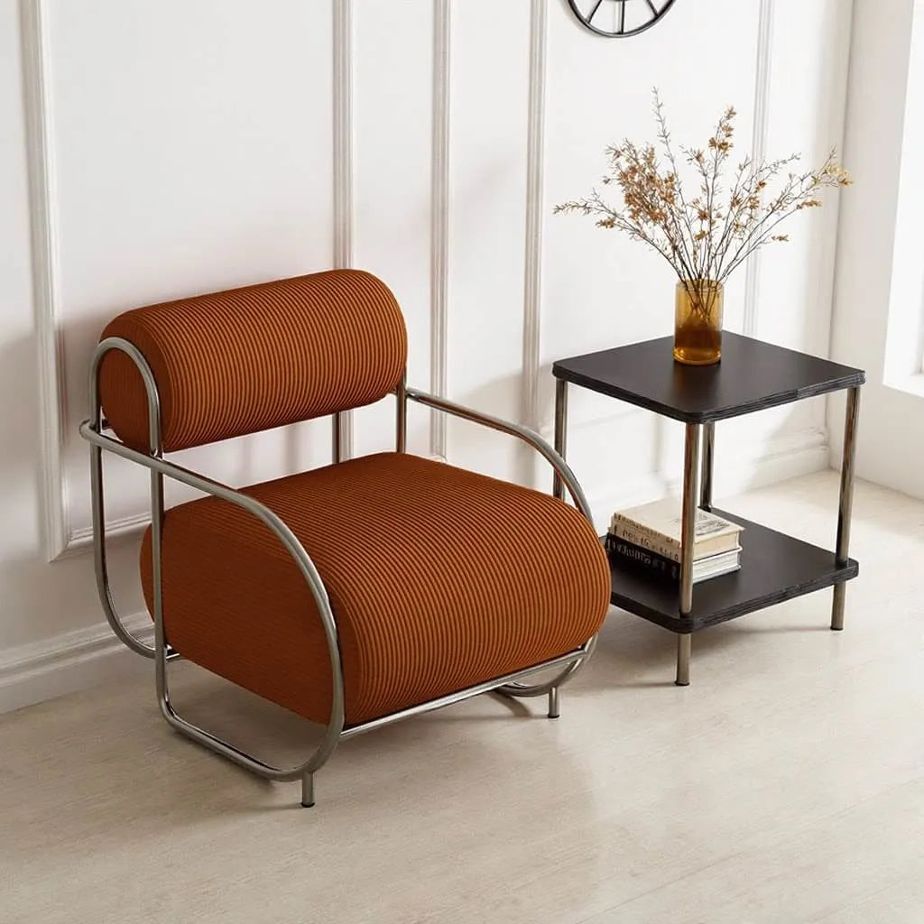 Sculptural Stainless Steel Lounge Chair with Textured Fabric & Rounded Armrests