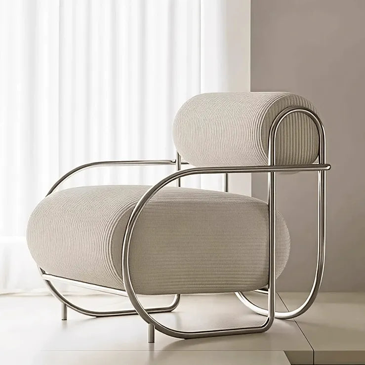 Sculptural Stainless Steel Lounge Chair with Textured Fabric & Rounded Armrests
